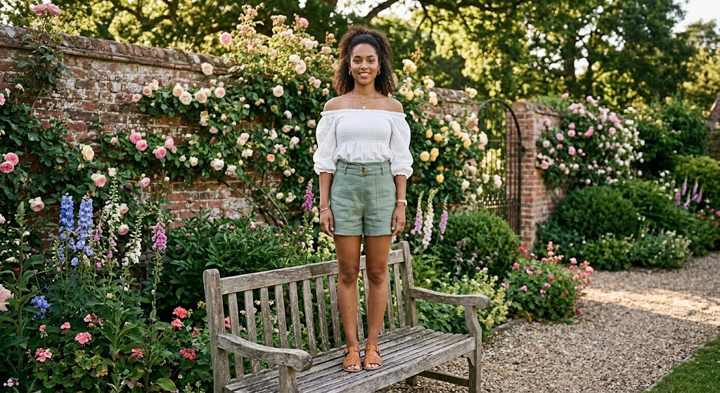 Off-Shoulder Peasant Collar Top and Linen Shorts
